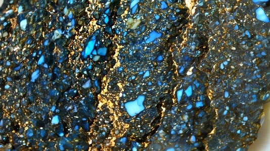 A close up view of a mineral surface featuring vibrant blue