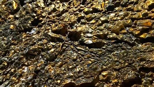 A close up view of a textured rock surface with shimmering