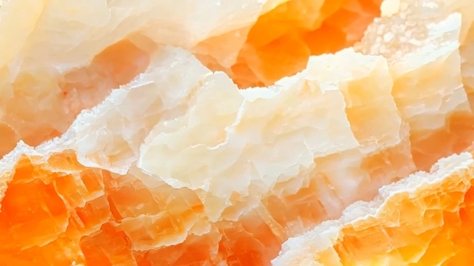 Close up of layered mineral formations with orange and white hue
