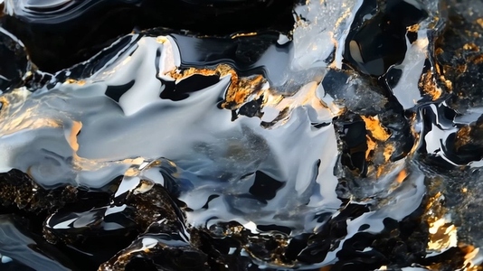 A close up view of swirling black and gold liquid textures
