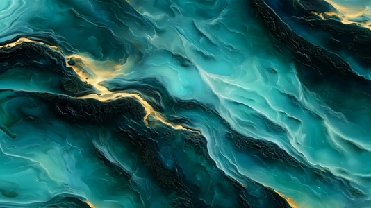 An abstract fluid art piece featuring swirling turquoise