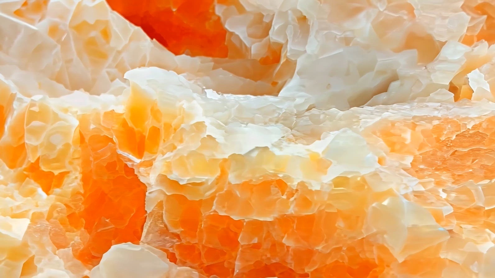 Close-up of translucent orange and white mineral formations
