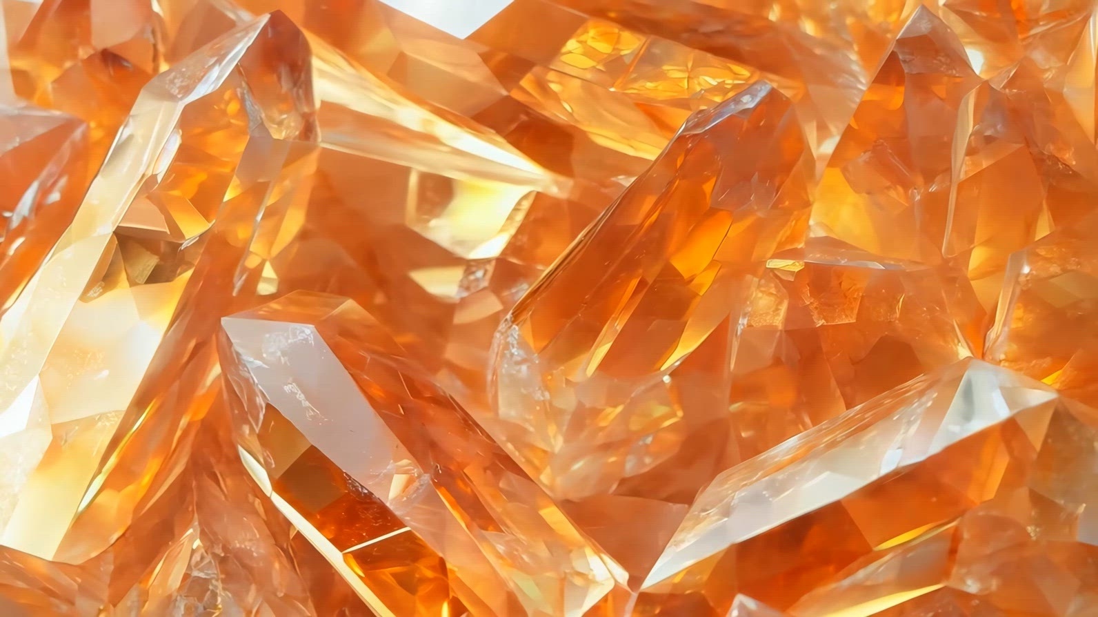 A close-up view of sparkling orange sunstone crystals with sharp
