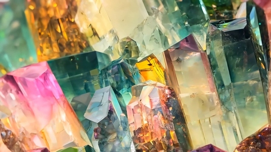 A close up view of colorful Tourmaline crystals with various hue