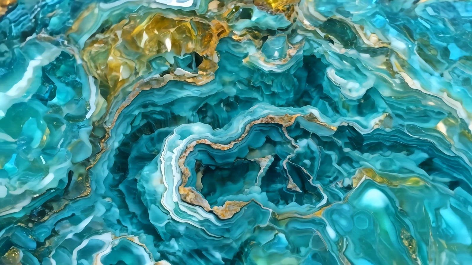 Close-up of a vibrant blue and green agate geode with swirling