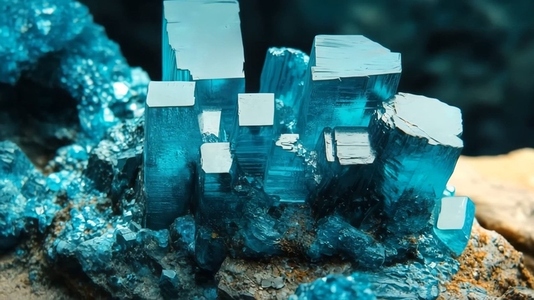 A stunning cluster of blue crystals with sharp edges and a shiny