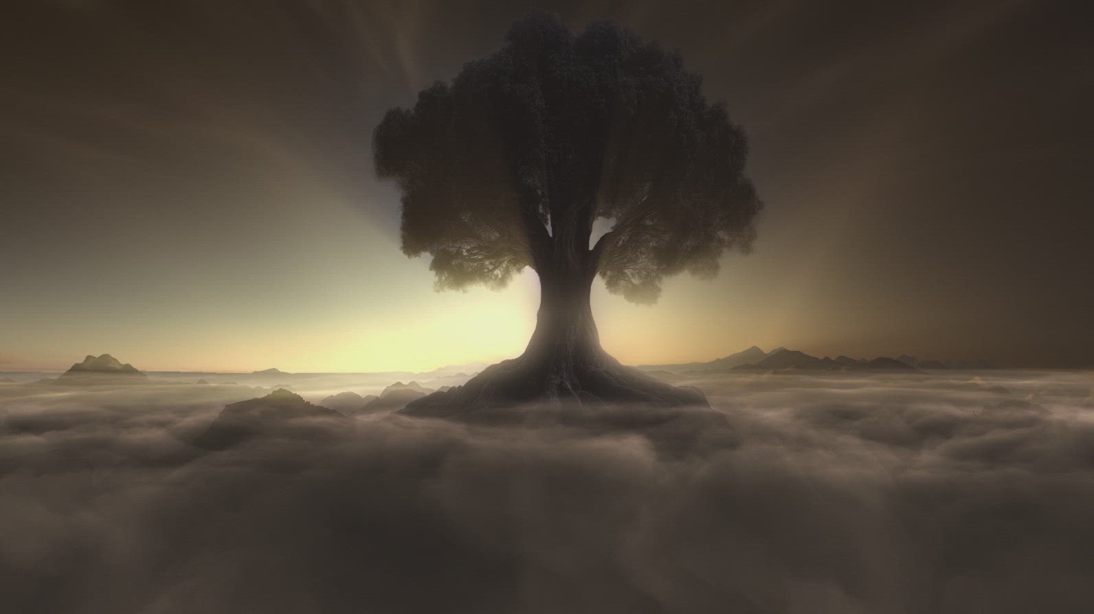 Tree of Life in Epic Fantasy Landscape Above the Clouds