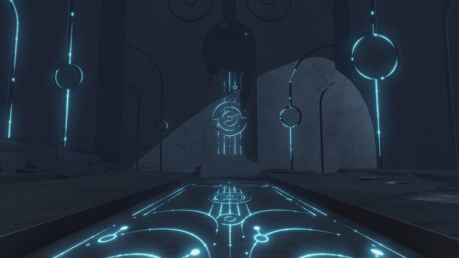 Ancient Temple Gate Opens with Glowing Blue Codes