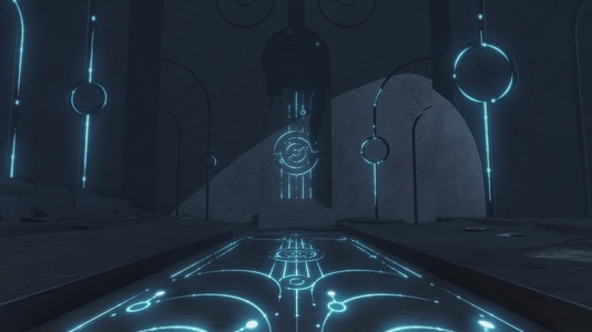 Ancient Temple Gate Opens with Glowing Blue Codes Ancient Temple Gate Opens with Glowing Blue Codes