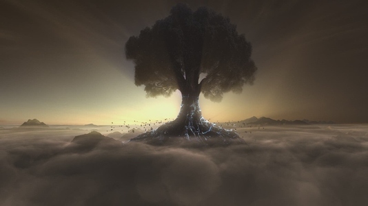 Sacred Tree of Life at Sunset with Floating Stones