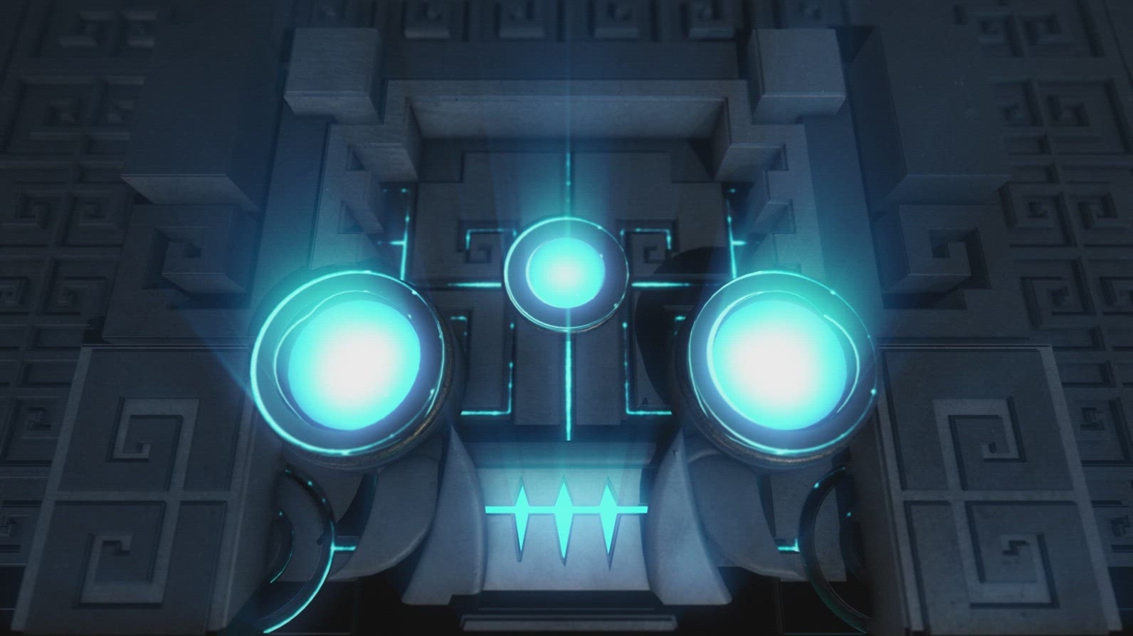 Blue-Energy Guardian Embedded in Ancient Wall