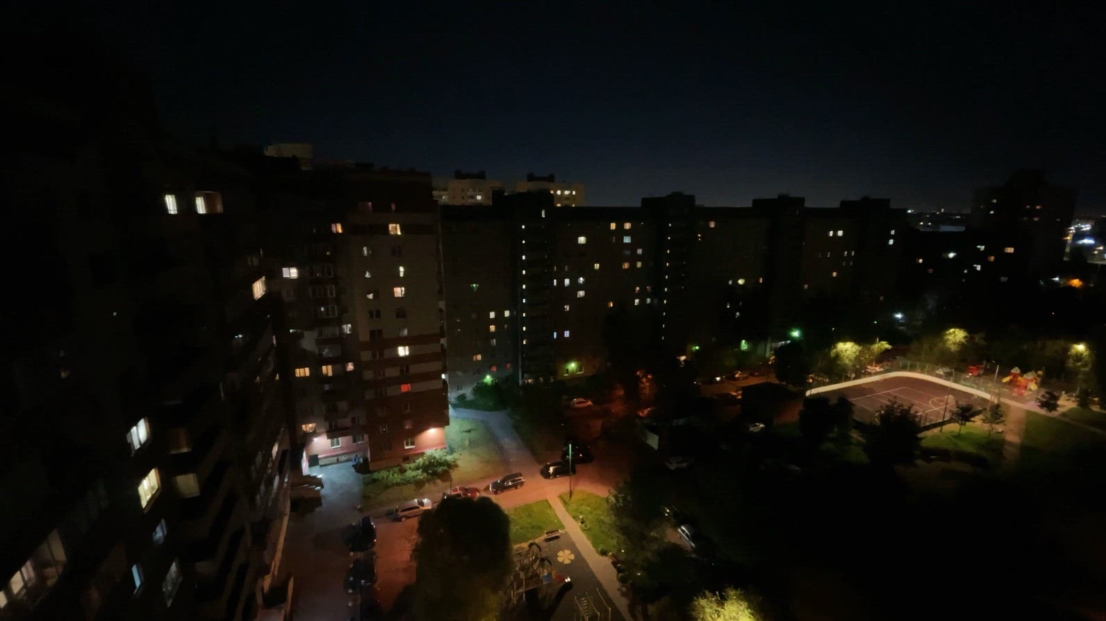 Night view of an urban residential area with buildings
